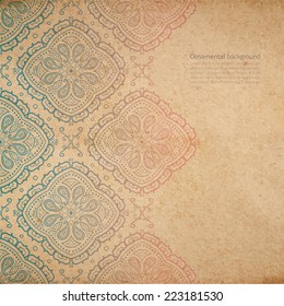 Vector ornate background with copy space, color faded out of time ornament on old cardboard