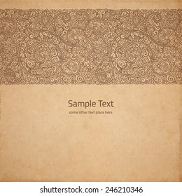 Vector ornate background with copy space, coffee brown ornament on old cardboard