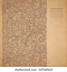 Vector ornate background with copy space, coffee brown ornament on old cardboard