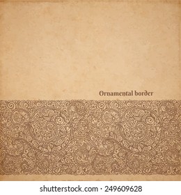 Vector ornate background with copy space, coffee brown ornament on old cardboard