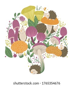 Vector ornate background with cute woodland animals, mushrooms, leaves, insects. Funny forest scene with hedgehogs. Bright flat vertical illustration for children. Picture book, hide and seek activity