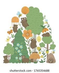 Vector ornate background with cute woodland animals, leaves, insects, trees. Funny forest scene with bears. Bright flat vertical illustration for children. Picture book, hide and seek activity game