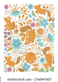 Vector ornate background with cute woodland animals, leaves, flowers, insects. Funny forest scene with foxes. Bright flat vertical illustration for children. Picture book, hide and seek activity game