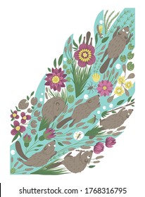 Vector ornate background with cute woodland animals, leaves, flowers, insects. Funny forest scene with beavers. Bright flat vertical illustration for children. Picture book, hide and seek activity