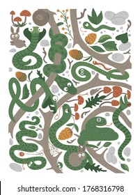 Vector ornate background with cute woodland animals, leaves, flowers, insects. Funny forest scene with snakes. Bright flat vertical illustration for children. Picture book, hide and seek activity game