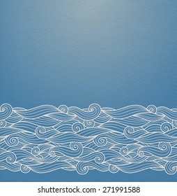 Vector ornate background with ornamental border - blue paper with hand drawn waves ornament