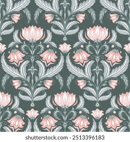 Vector adornado patrón floral barroco en colores pastel. Textura victoriana de damasco con flores de filigrana rosa sobre fondo oscuro. Antiguo diseño de superficie para cortinas, cortinas y manteles