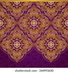 Vector ornate border in Eastern style. Gorgeous element for design, place for text. Ornamental vintage pattern for wedding invitations and greeting cards. Traditional gold decor on purple background.