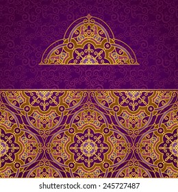 Vector ornate border in Eastern style. Gorgeous element for design, place for text. Ornamental vintage pattern for wedding invitations and greeting cards. Traditional gold decor on purple background.