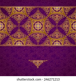 Vector ornate border in Eastern style. Gorgeous element for design, place for text. Ornamental vintage pattern for wedding invitations and greeting cards. Traditional gold decor on purple background.