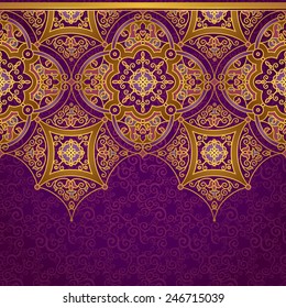 Vector ornate border in Eastern style. Gorgeous element for design, place for text. Ornamental vintage pattern for wedding invitations and greeting cards. Traditional gold decor on purple background.