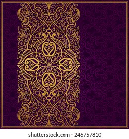 Vector ornate border in Eastern style. Gorgeous element for design, place for text. Ornamental vintage pattern for wedding invitations and greeting cards. Traditional gold decor on purple background.