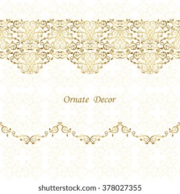 Vector ornate border. Elegant golden element for design template, place for text. Floral border. Lace decor for birthday and greeting card, wedding invitation.