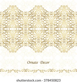 Vector ornate border. Elegant golden element for design template, place for text. Floral border. Lace decor for birthday and greeting card, wedding invitation.