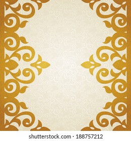 Vector ornate border in Victorian style. Golden floral element for design. Place for text. Ornamental pattern for wedding invitations and greeting cards. Traditional golden decor.