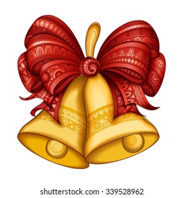 Vector Ornate Colored Christmas Golden Bells with Red Bow. Patterned Objects for Greeting Cards, Isolated on White Background. New Year and Christmas Template