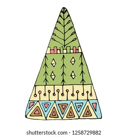Vector Ornate Colored Christmas tree. Patterned Objects for Greeting Cards, Holiday Greetings. New Year and Christmas Template