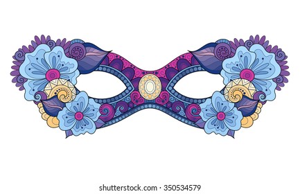 Vector Ornate Colored Mardi Gras Carnival Mask with Decorative Flowers. Object for Greeting Cards, Isolated on White Background