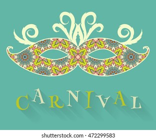 Vector ornate colorful Mardi Gras carnival Mask with decorative feathers and sign Carnival. Decorative symbol for greeting card or invitation. Isolated vector object, carnival icon