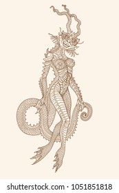 Vector ornate contour drawing of fantasy reptile woman on a beige background. Underwater sea amphibian. Linear sketch, tee shirt print, book cover, mystical image, occult symbol, esoteric illustration
