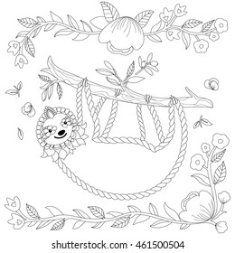 Vector ornate cute sloth on the tree, coloring page. Animal coloring book design. Hand drawn zentangle sloth print with floral and geometric elements. Black line art isolated on white background