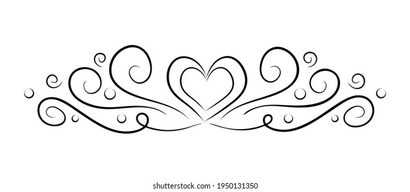 Vector ornate decorative border element. Black heart with elegance lines and bubbles. Decoration for design