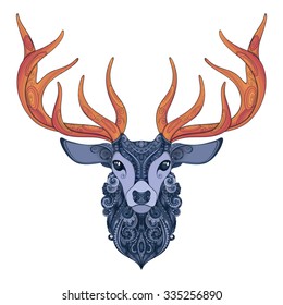 Vector Ornate Deer Horned Head. Patterned Tribal Colored Design. Symbol of the New Year and Christmas Holidays