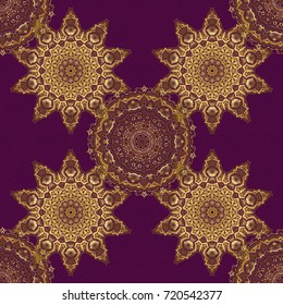 Vector ornate elements for design. Ornamental pattern for invitations, greeting cards, wrapping. Decorative golden seamless pattern on a purple background. Traditional floral decor.