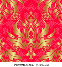 Vector ornate elements for design. Traditional floral decor. Ornamental pattern for invitations, greeting cards, wrapping. Decorative golden seamless pattern on a red background.