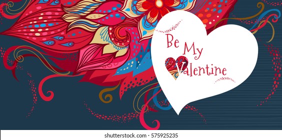 Vector ornate floral banner. Romantic decor Be My Valentine. Template vintage decoration for invitation, card, poster, placard, Valentine's Day greetings. Red flower, heart with place for text.