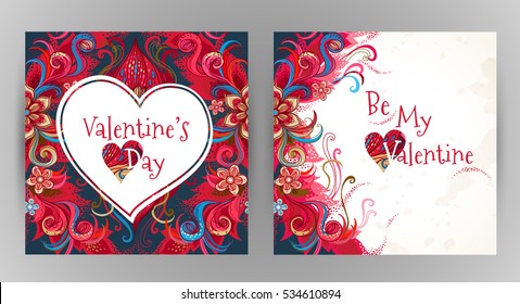 Vector ornate floral card. Romantic decor Be My Valentine. Template vintage frame for invitation, thank you message, Valentine's Day greetings. Red flower, heart with place for text.