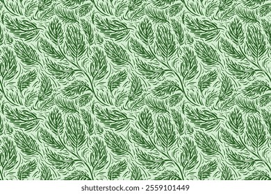 vector ornate floral ornament. seamless pattern. pattern for fabric, background, packaging. natural pattern, with leaves. green two-color natural pattern, leaves like feathers.