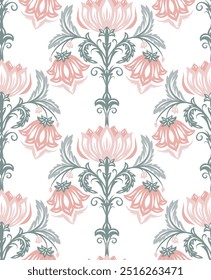 Vector adornado patrón floral en colores pastel. Estilo rococó a la antigua. Textura forjada victoriana con flores de filigrana rosa. Delicado diseño de superficie de tracería para cortinas, cortinas y manteles