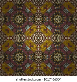 Vector ornate floral seamless texture in brown, gray and green colors, endless seamless pattern with mandala elements. Vector illustration.