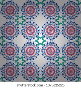 Vector ornate floral seamless texture in pink, white and blue colors, endless seamless pattern with mandala elements. Vector illustration.