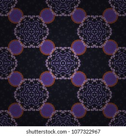 Vector ornate floral seamless texture in violet, gray and black colors, endless seamless pattern with mandala elements. Vector illustration.