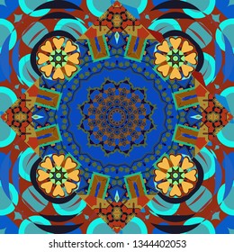 Vector ornate floral seamless texture in brown, blue and black colors, endless seamless pattern with mandala elements. Vector illustration.