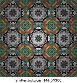 Vector ornate floral seamless texture in blue, gray and brown colors, endless seamless pattern with mandala elements. Vector illustration.