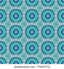Vector ornate floral seamless texture in brown, blue and white colors, endless seamless pattern with mandala elements. Vector illustration.