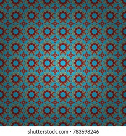 Vector ornate floral seamless texture in blue, green and red colors, endless seamless pattern with mandala elements. Vector illustration.