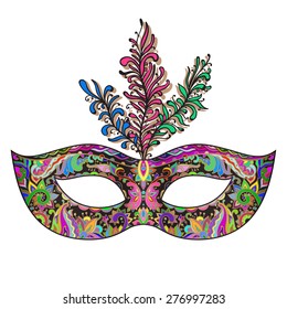 Vector ornate floral Venetian carnival mask with feathers