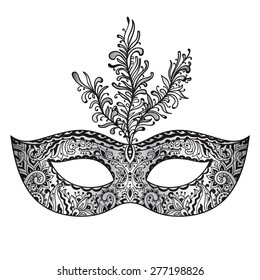 Vector ornate floral Venetian carnival mask with feathers