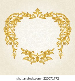 Vector ornate frame in Victorian style. Decorative element for design and place for text. Ornamental lace pattern for wedding invitations and greeting cards.Traditional gold decor on light background. 