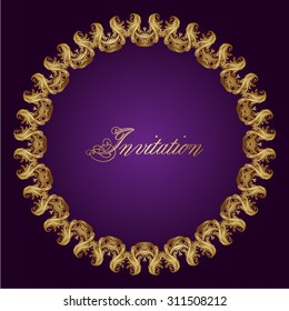 Vector ornate frame in Victorian style. Decorative element for design and place for text. Ornamental lace pattern for wedding invitations and greeting cards.Traditional gold decor on purple background