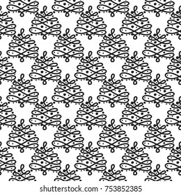 Vector ornate garland tree seamless pattern. Merry Christmas and happy new year greeting card backdrop design. Retro hand drawn flat art on white background.