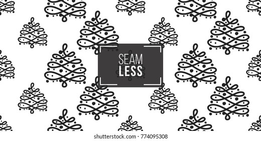Vector ornate garland tree seamless pattern. Merry Christmas and happy new year greeting card backdrop design. Retro hand drawn flat art on white background.