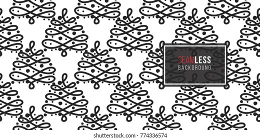 Vector ornate garland tree seamless pattern. Merry Christmas and happy new year greeting card backdrop design. Retro hand drawn flat art on white background.