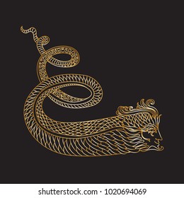 Vector ornate gold contour drawing of fantasy snake man on black background. Underwater sea amphibian. Linear sketch, tee shirt print, book cover, mystical image, occult symbol, esoteric illustration