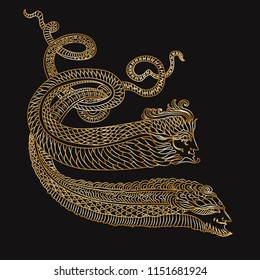 Vector ornate gold contour drawing of fantasy snake man on a black background.Underwater sea amphibian. Linear sketch, tee shirt print, book cover, mystical image, occult symbol, esoteric illustration