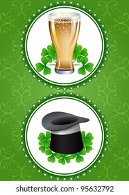 vector ornate greeting cards with glass of beer, clover and cylinder dedicated to Saint Patrick's Day